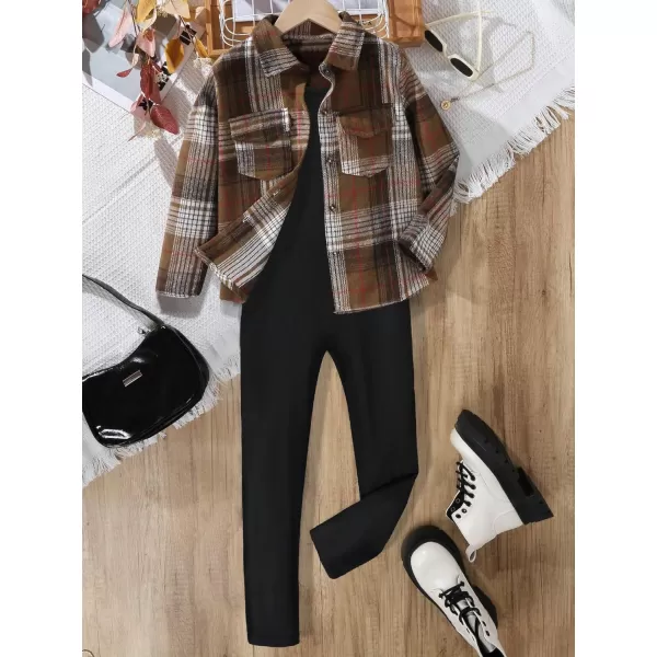 Floerns Girl's 2 Piece Outfit Plaid Print Long Sleeve Shirt with Jumpsuit Set