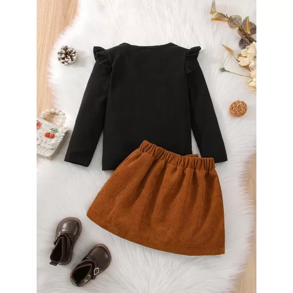 Floerns Girl's 2 Piece Outfit Ruffle Trim Long Sleeve Tee Corduroy Skirt Set