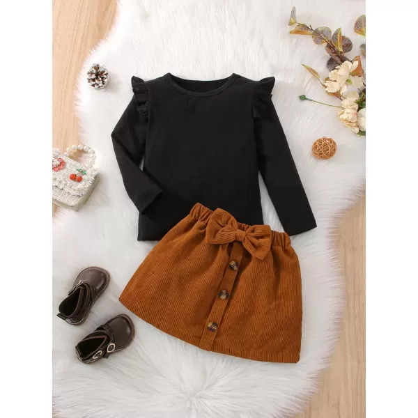 Floerns Girl's 2 Piece Outfit Ruffle Trim Long Sleeve Tee Corduroy Skirt Set