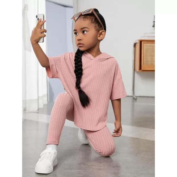 Floerns Girls 2 Piece Outfit Solid Hooded Tee Shirt with Leggings Pants Set