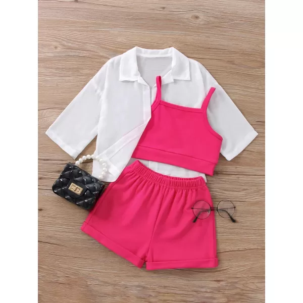 Floerns Girls 3 Piece Outfit Solid Cami Top Shorts Set with Button Down Shirt