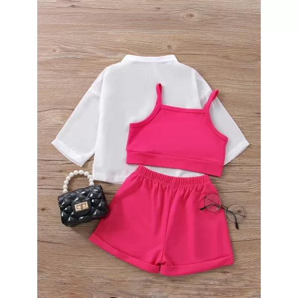 Floerns Girls 3 Piece Outfit Solid Cami Top Shorts Set with Button Down Shirt