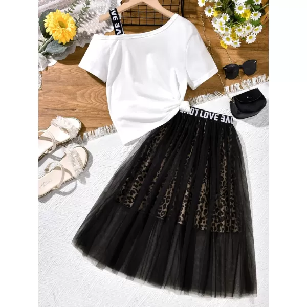 Floerns Girl's Asymmetrical Neck Short Sleeve Tee with Skirt Set Two Piece Outfit
