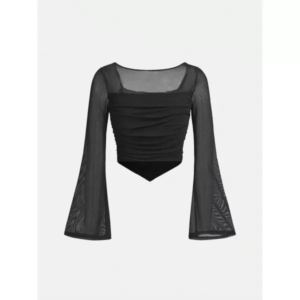 Floerns Girls Bell Long Sleeve Square Neck Asymmetrical Hem Solid Tee Shirt