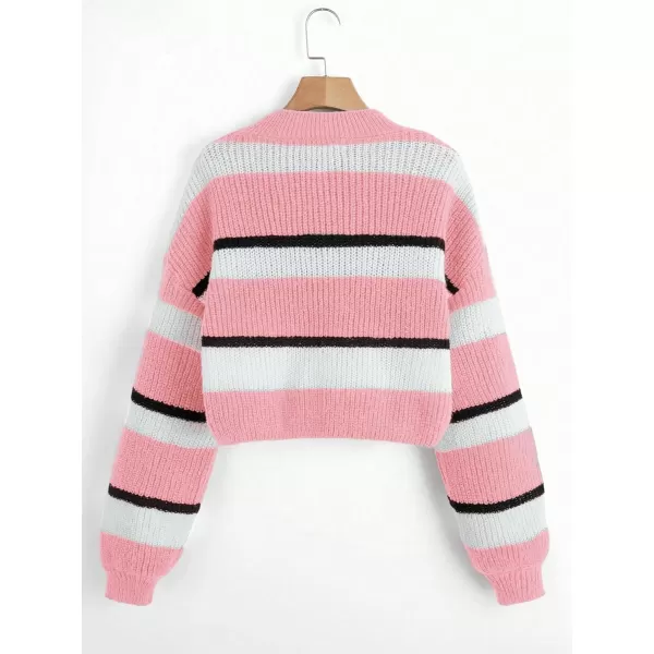 Floerns Girl's Long Sleeve Colorblock Striped Print Drop Shoulder Crop Sweater