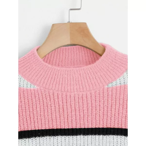 Floerns Girl's Long Sleeve Colorblock Striped Print Drop Shoulder Crop Sweater