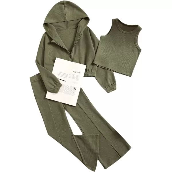 Floerns Girls Long Sleeve Hoodie Tank Split Flare Pants Set Three Piece Outfit