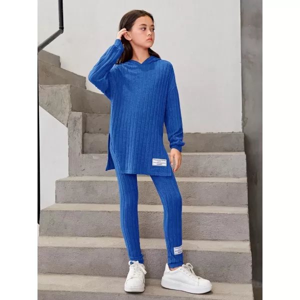 Floerns Girls Rib Knit Hooded Long Sleeve Tee Shirt Leggings Two Piece Outfit