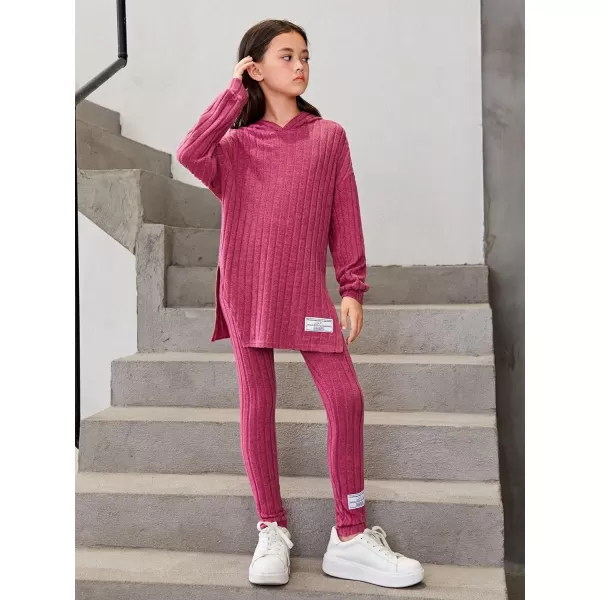 Floerns Girls Rib Knit Hooded Long Sleeve Tee Shirt Leggings Two Piece Outfit