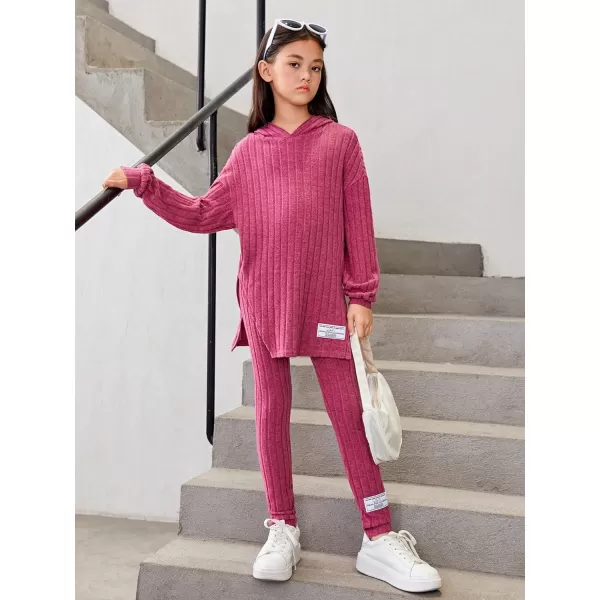 Floerns Girls Rib Knit Hooded Long Sleeve Tee Shirt Leggings Two Piece Outfit
