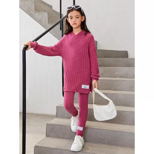 Floerns Girls Rib Knit Hooded Long Sleeve Tee Shirt Leggings Two Piece Outfit