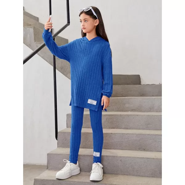 Floerns Girls Rib Knit Hooded Long Sleeve Tee Shirt Leggings Two Piece Outfit