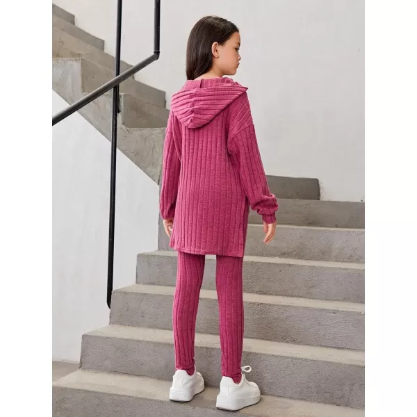 Floerns Girls Rib Knit Hooded Long Sleeve Tee Shirt Leggings Two Piece Outfit