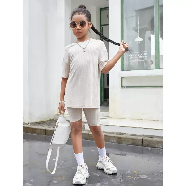 Floerns Girls Rib Knit Short Sleeve T Shirt with Biker Shorts Set 2 Piece Outfit