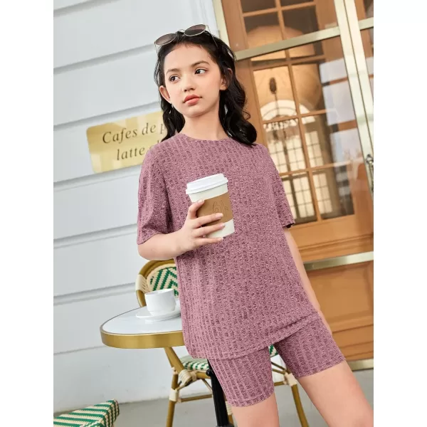 Floerns Girls Rib Knit Short Sleeve T Shirt with Biker Shorts Set 2 Piece Outfit