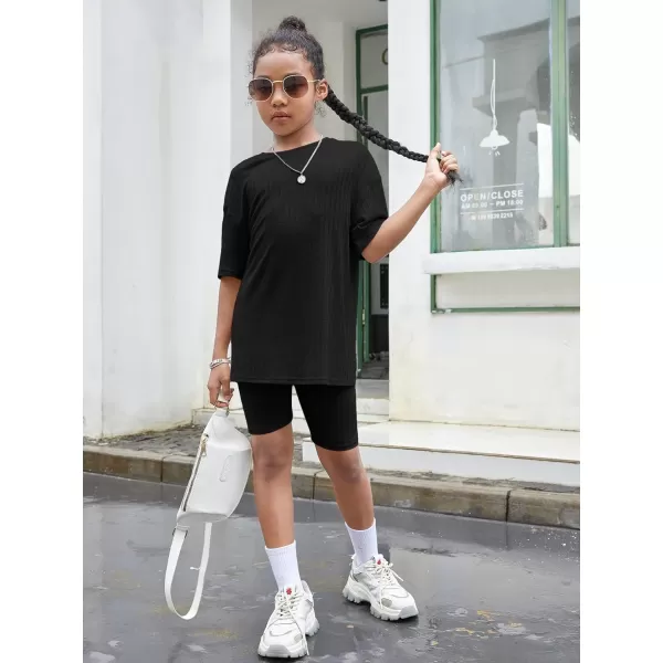 Floerns Girls Rib Knit Short Sleeve T Shirt with Biker Shorts Set 2 Piece Outfit