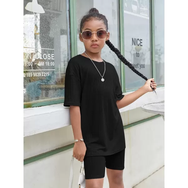 Floerns Girls Rib Knit Short Sleeve T Shirt with Biker Shorts Set 2 Piece Outfit