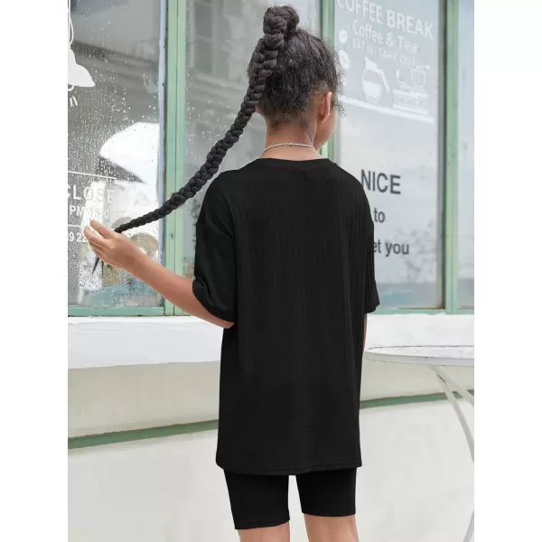 Floerns Girls Rib Knit Short Sleeve T Shirt with Biker Shorts Set 2 Piece Outfit