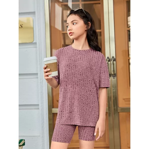 Floerns Girls Rib Knit Short Sleeve T Shirt with Biker Shorts Set 2 Piece Outfit