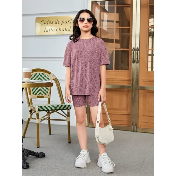 Floerns Girls Rib Knit Short Sleeve T Shirt with Biker Shorts Set 2 Piece Outfit