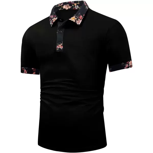 Floerns Men's Floral Collar Contrast Short Sleeve Button Front Polo Shirt