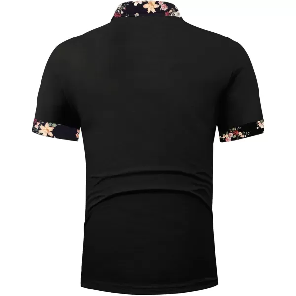 Floerns Men's Floral Collar Contrast Short Sleeve Button Front Polo Shirt
