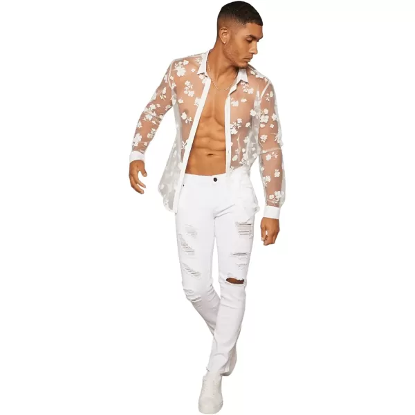 Floerns Men's See Through Long Sleeve Button Front Collar Neck Mesh Shirt Top