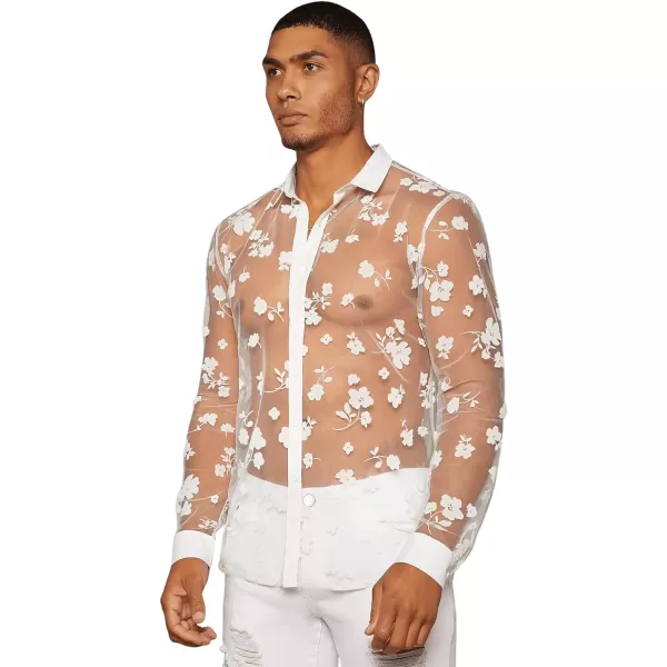 Floerns Men's See Through Long Sleeve Button Front Collar Neck Mesh Shirt Top