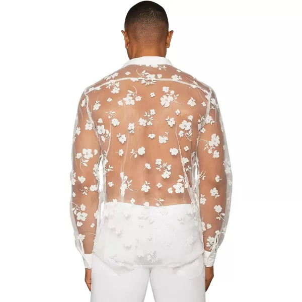 Floerns Men's See Through Long Sleeve Button Front Collar Neck Mesh Shirt Top