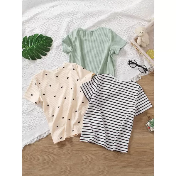 Floerns Toddler Girls 3 Pcs Ribbd Knit Graphic Striped Print Crewneck Short Sleeve Tee Shirt Top