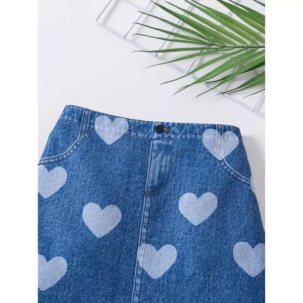 Floerns Toddler Girls Heart Print Straight Hem A Line Short Denim Skirt