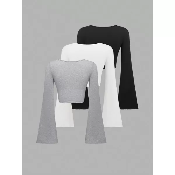 Floerns Women's 3 Pcs Solid Scoop Neck Flare Long Sleeve Stretchy Cropped Tee Shirt