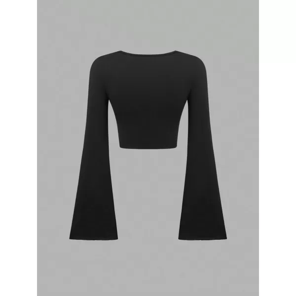 Floerns Women's 3 Pcs Solid Scoop Neck Flare Long Sleeve Stretchy Cropped Tee Shirt