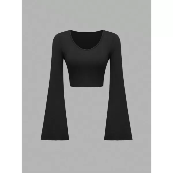 Floerns Women's 3 Pcs Solid Scoop Neck Flare Long Sleeve Stretchy Cropped Tee Shirt