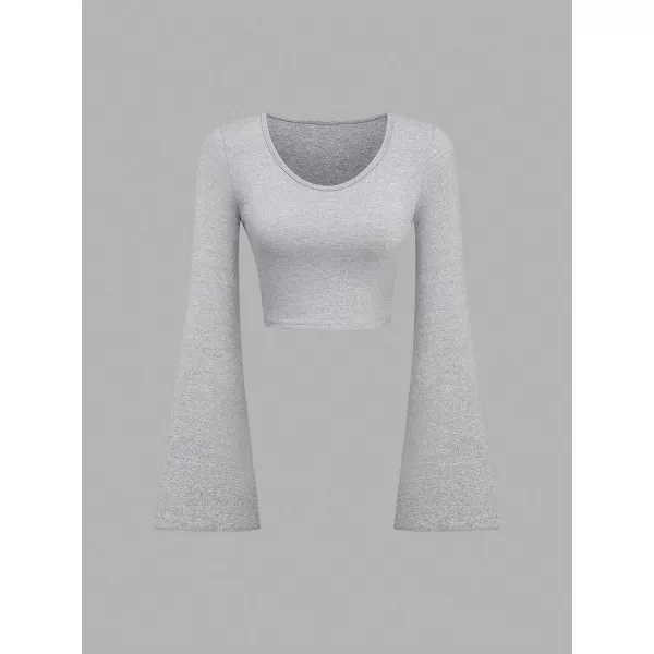 Floerns Women's 3 Pcs Solid Scoop Neck Flare Long Sleeve Stretchy Cropped Tee Shirt