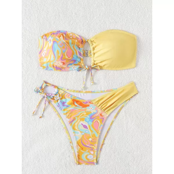 Floerns Women's All Over Print Tube Bandeau Bralette Tie Side Bikini Swimwear