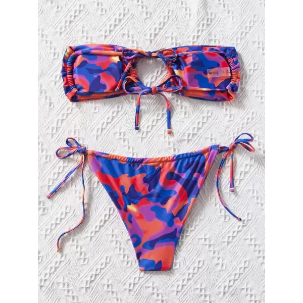 Floerns Women's All Over Print Tube Bandeau Bralette Tie Side Bikini Swimwear