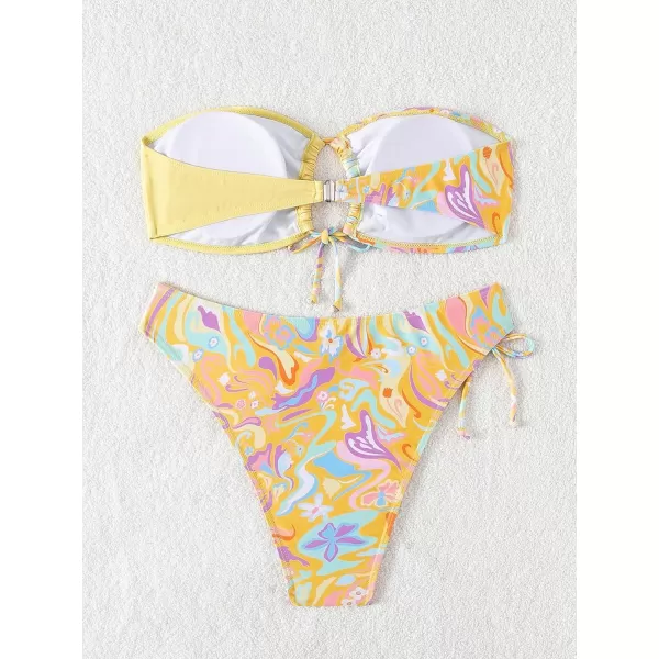 Floerns Women's All Over Print Tube Bandeau Bralette Tie Side Bikini Swimwear