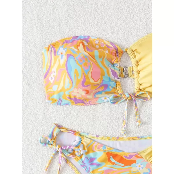 Floerns Women's All Over Print Tube Bandeau Bralette Tie Side Bikini Swimwear