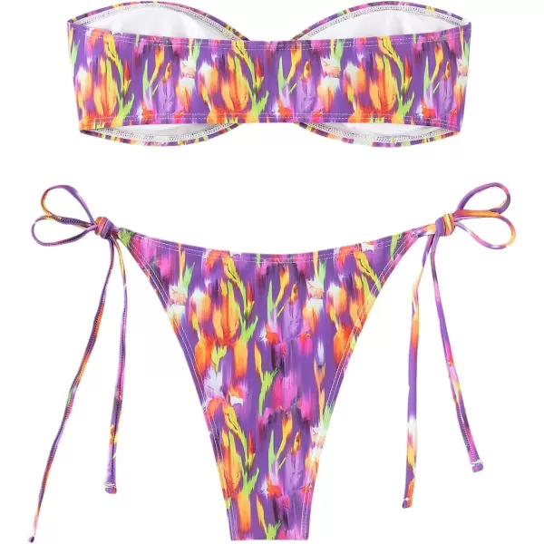 Floerns Women's All Over Print Tube Bandeau Bralette Tie Side Bikini Swimwear