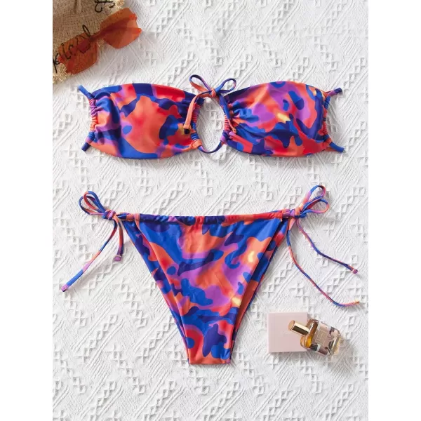 Floerns Women's All Over Print Tube Bandeau Bralette Tie Side Bikini Swimwear