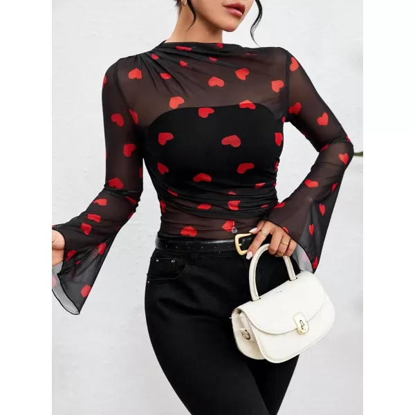 Floerns Women's Allover Heart Print Contrast Mesh Flare Long Sleeve Blouse Top