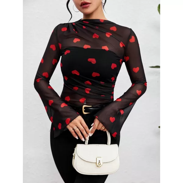 Floerns Women's Allover Heart Print Contrast Mesh Flare Long Sleeve Blouse Top