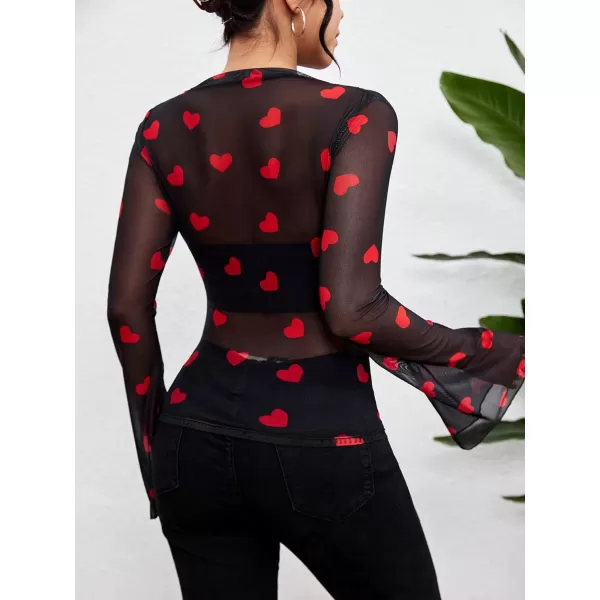 Floerns Women's Allover Heart Print Contrast Mesh Flare Long Sleeve Blouse Top