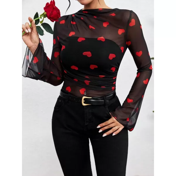 Floerns Women's Allover Heart Print Contrast Mesh Flare Long Sleeve Blouse Top