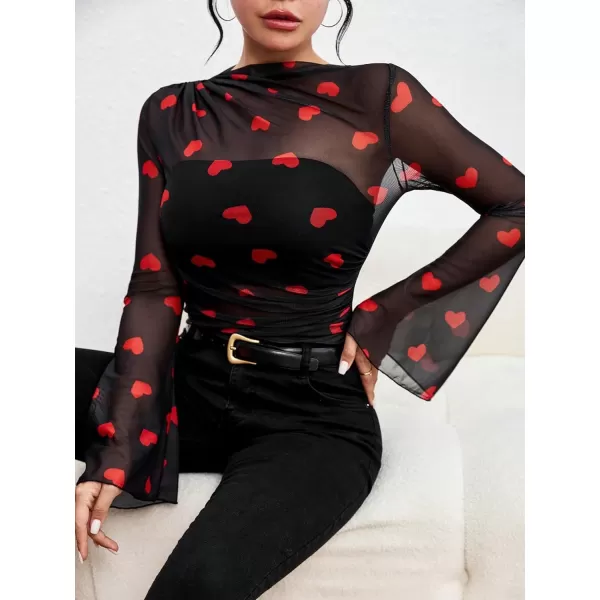 Floerns Women's Allover Heart Print Contrast Mesh Flare Long Sleeve Blouse Top