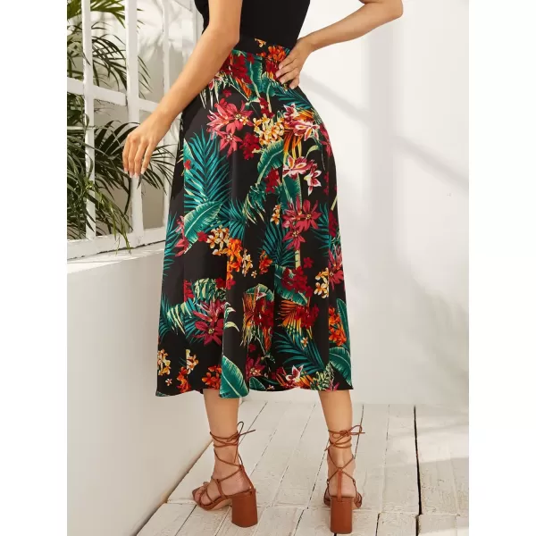 Floerns Women's Boho Floral High Waist Split A Line Midi Skirt