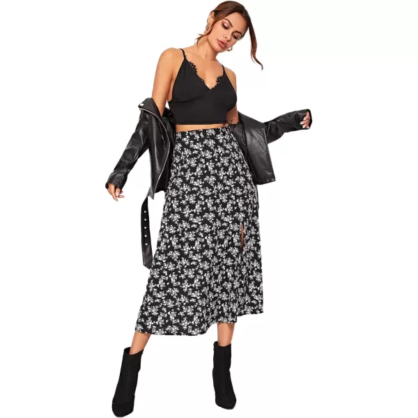 Floerns Women's Boho Floral High Waist Split A Line Midi Skirt