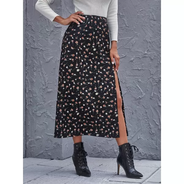 Floerns Women's Boho Floral High Waist Split A Line Midi Skirt