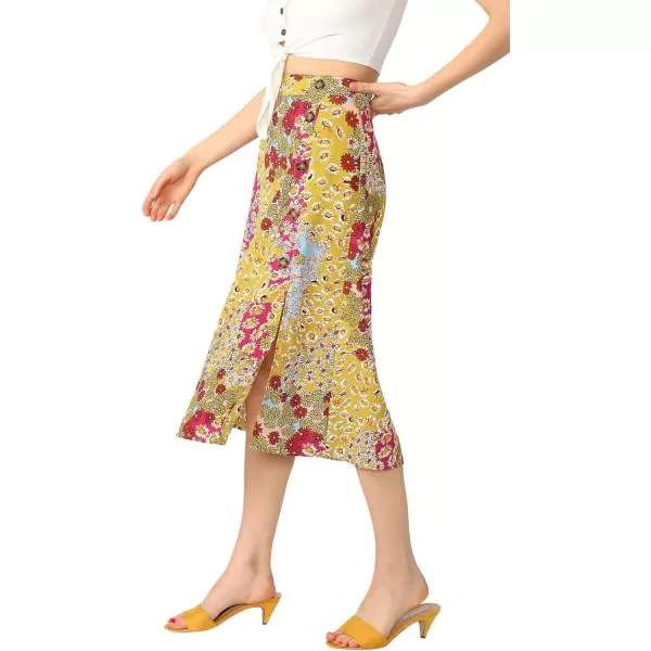 Floerns Women's Boho Floral High Waist Split A Line Midi Skirt
